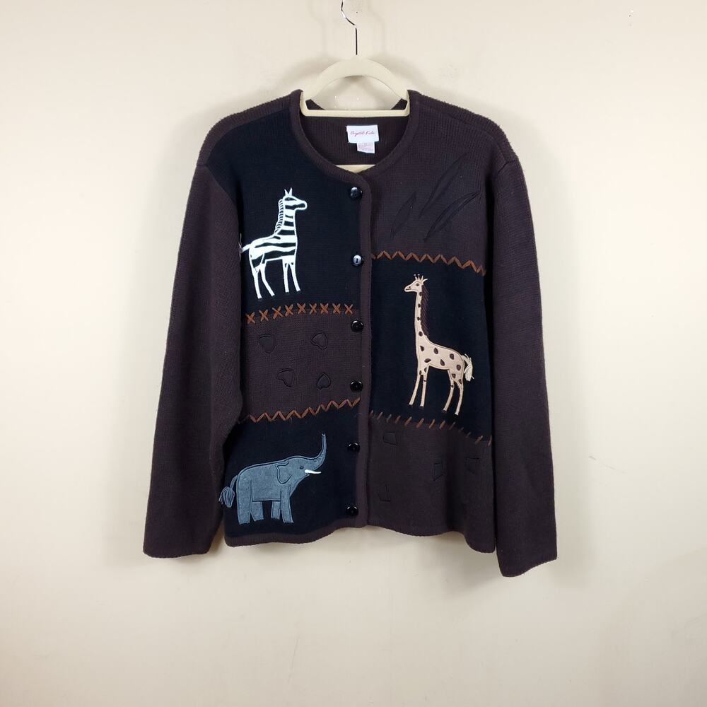 Vintage Zebra Elephant Giraffe Brown Patchwork Cardigan Size 1X